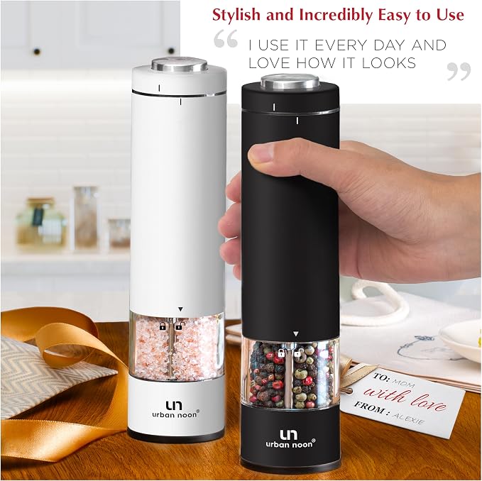 urban noon Electric Salt and Pepper Grinder Set (2 Mills, 8.1" Tall) - One-Handed Push-Button Mills with LED Light, Adjustable Ceramic Coarseness, Gift-Ready Box, 1-Year Warranty - Black & White