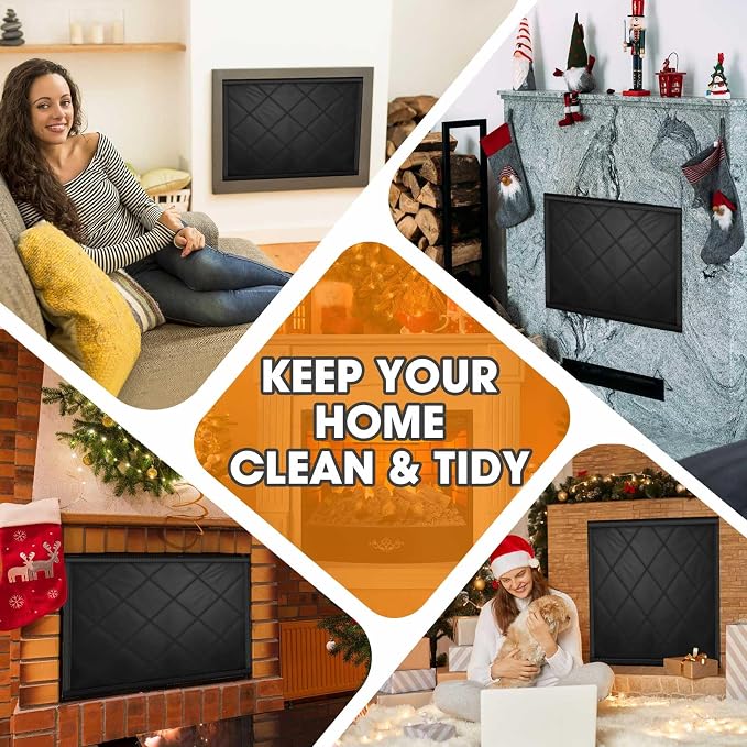 Fireplace Draft Cover, Fireplace Blocker Blanket with Hook and Loop Tapes, Indoor Fire Place Draft Stopper for Heat Loss Insulation Black 33" W x 29" H