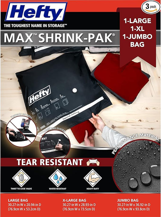 Hefty MAX Shrink-Pak Vacuum Storage Bags Combo Pack – Max Strength Tear-Proof Bags For Clothes, Pillows, Towels, Blankets & More – Space Saver Suction Sealer Bags for Home– 1 Large, 1 XL, 1 Jumbo