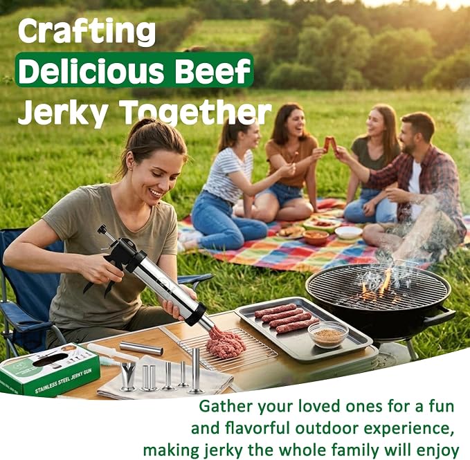 2LB Professional Jerky Gun Kits, Sausage Stuffer, Stainless Steel Jerky Maker, Jerky Shooter, Beef Jerky Making Gun with 5 Nozzles, 1 Meat Pusher, 5 Cleaning Brushes and Pair of Gloves