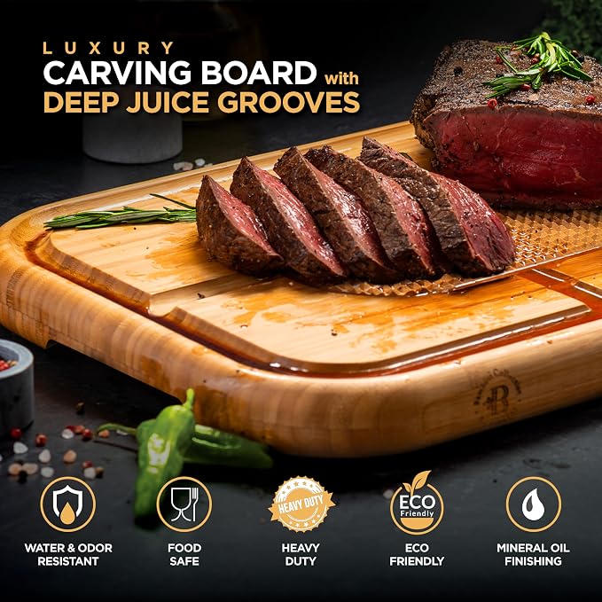 Meat Cutting Board - Extra Large Bamboo Carving Board, 18 x 13 Thick Butcher Block with Deep Juice Groove, Non Slip Center, Reversible Board for Steak, Brisket, Turkey, BBQ Prep Grilling Gifts for Men