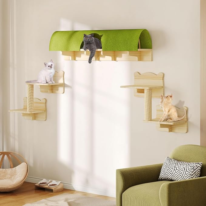 Cat Wall Shelves Set, 7-in-1 Cat Wall Furniture with Tunnel | Multi-Level Floating Cat Shelves for Space Saving, Solid Wood Cat Climbing System with Scratching Posts, Burlywood