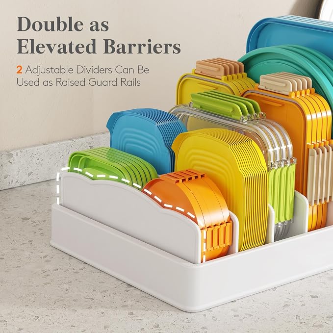 Lifewit Kitchen Cabinet Organizer for Food Contanier Lid with 9 Sections | Expandable Lids Holder with 8 Adjustable Dividers for Pantry Organizers and Storage, Home Organization, Large, 9.8"-17"