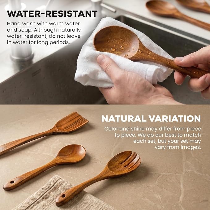 Zulay Kitchen 15-Piece Teak Wooden Utensils for Cooking - Natural Teak Utensil Set with Premium Gift Box - Non-Stick Wooden Spoons for Cooking - Kitchen Gift Set - Comfortable Grip Wooden Utensil Set