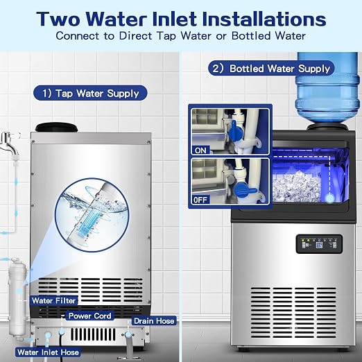 Amzgachfktch Commercial Ice Maker, 110lbs/24H Under Counter Ice Maker with 2 Water Inlet, Ice Maker Machine with 22lbs Storage, Auto Self-Cleaning, Freestanding Ice Machine for Bar Home Office