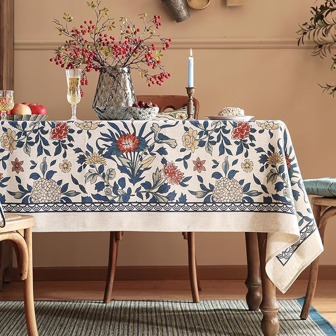 patdrea Designer Blue Tablecloth for Rectangle Table,Vintage Linen with Leaves and Floral Pattern Tablecloths,Farmhouse Decor Cover for Kitchen Dining Christmas,Thanksgiving,55"x79"-Ivar a