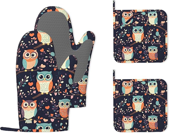 Cute Owl Heat-Resistant Silicone Oven Mitts and Pot Holders 4 Piece Set,Extra Long Non-Slip Kitchen Oven Gloves for Cooking, Baking, BBQ,Grilling