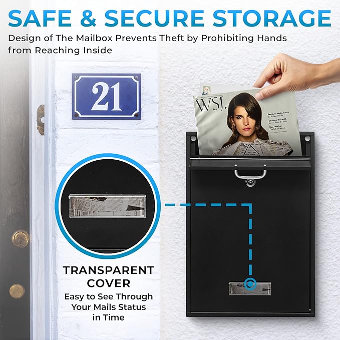 Wall Mounted Locking Vertical Dropbox Mailbox - Safe and Secure (Large) | Made with Galvanized Steel (Black)