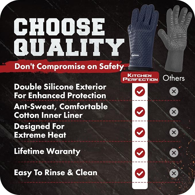 KITCHEN PERFECTION XL Silicone Smoker BBQ Gloves -Heat Resistant Oven Mitts | Waterproof, 5-Finger Design For A Better Grip, for Pitmasters, Meat Smoking, Grilling, Cooking, Frying Turkey | Grill Gift