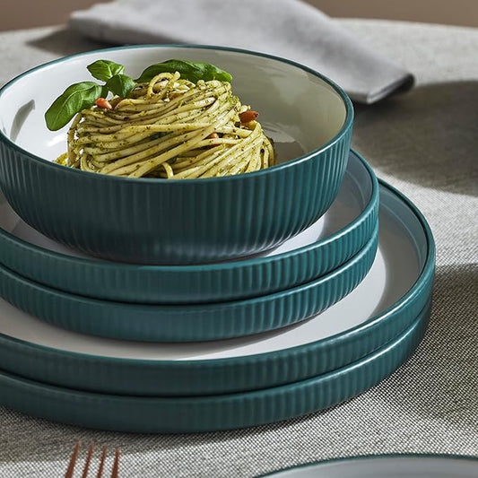 Christian Siriano Laro 24-Piece Stoneware Dinnerware Set, Plates and Bowls Set, Microwave and Dishwasher Safe, Dish Set for 8, Green