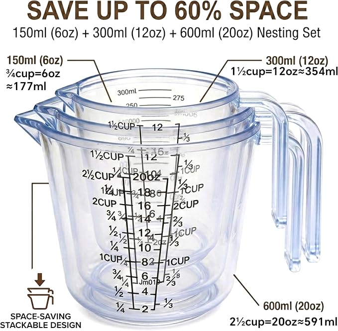 Measuring Cup Set, 3PCS Plastic Liquid Measuring Cups,Includes 150Ml, 300Ml and 600Ml, with Nozzle Handle- Baking, Cooking, Mixing & Liquid/Solid Measuring, Essential Kitchen Tools (Clear)