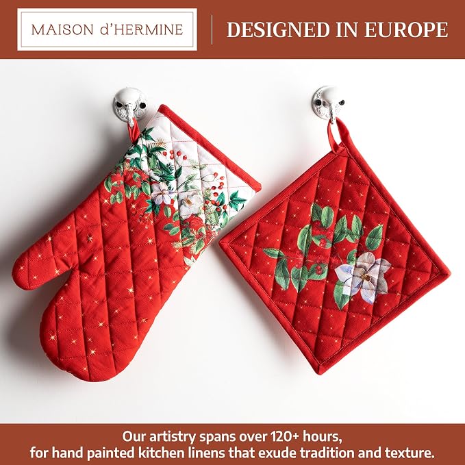 Maison d' Hermine 100% Cotton Oven Mitt & Pot Holder Set (7.5"x13" & 8"x8") | Heat Resistant BBQ Cooking Gloves with Loop Baking Grilling Kitchen Hotel Home Farmhouse Thanksgiving Christmas - Noel