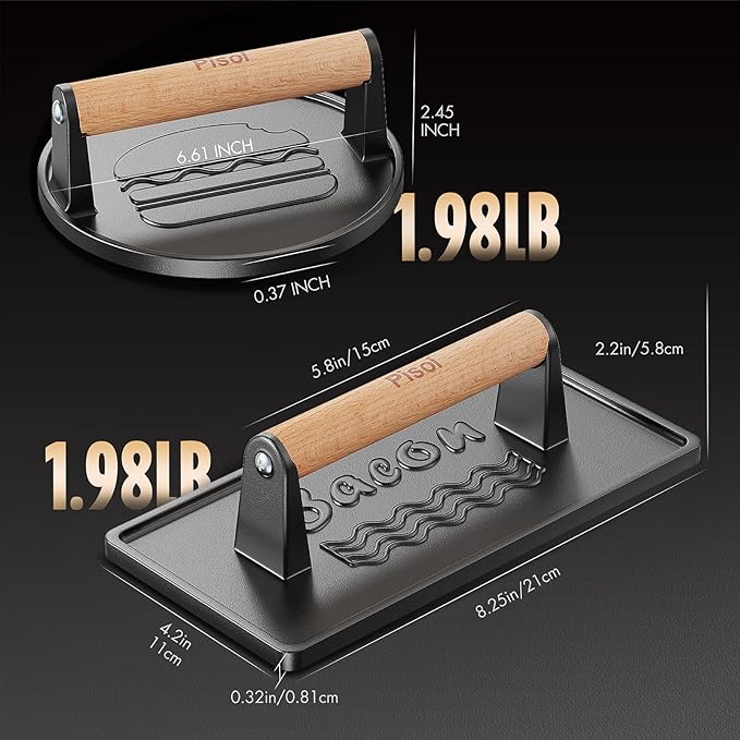 Pisol Pre-Seasoned Cast Iron Smash Burger Press, 2 lb Meat Press Tool, 2PCS | Rustproof, Pre-Seasoned, Flat Bottom, Wooden Handle, Dishwasher Safe, No Stick, Easy to Clean, 6.6'' Wide, 2lb