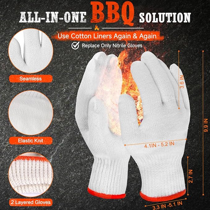 ANBOSON BBQ Gloves,Disposable BBQ Gloves Heat Resistant Cooking | 50 Disposable Nitrile Gloves with 2 Reusable Cotton Liners, Powder Free, Latex Free for Smoking,Grilling,Cooking,Food Prep
