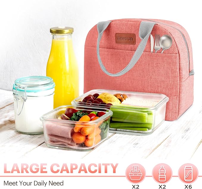 Lunch Bag for Women & Men Adult Insulated Lunch Box, Small Leakproof Cooler Food Lunch Containers Reusable High Capacity Lunch Tote Bags for Work, Travel, Outdoor - Rose Red