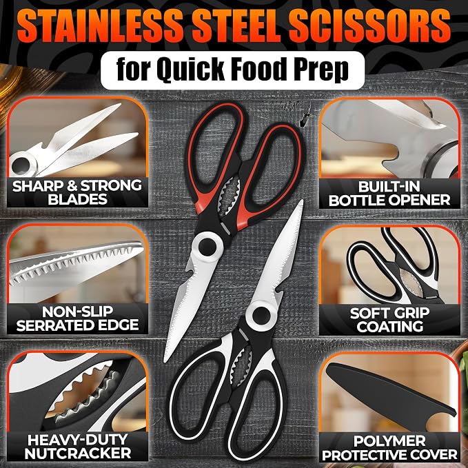 2 Pcs Heavy Duty Kitchen Scissors for Food, 5-in-1, All Purpose | Utility Scissors for Meat & Poultry, Stainless Steel Kitchen Shears, Bottle Opener, Non-Slip Handles & Blade Covers