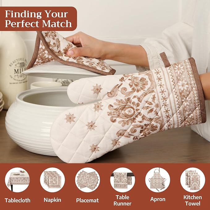 Maison d' Hermine 100% Cotton Oven Mitt & Pot Holder Set (7.5"x13" & 8"x8") | Heat Resistant BBQ Cooking Gloves with Loop Baking Grilling Kitchen Hotel Home Farmhouse Thanksgiving Christmas - Allure