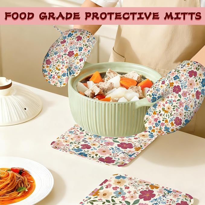 Wildflowers Floral Meadow Oven Mitts and Pot Holders (4PCS),Heat Resistant Non-Slip Silicone Kitchen Gloves for Cooking, Baking, BBQ Waterproof Kitchen Accessories