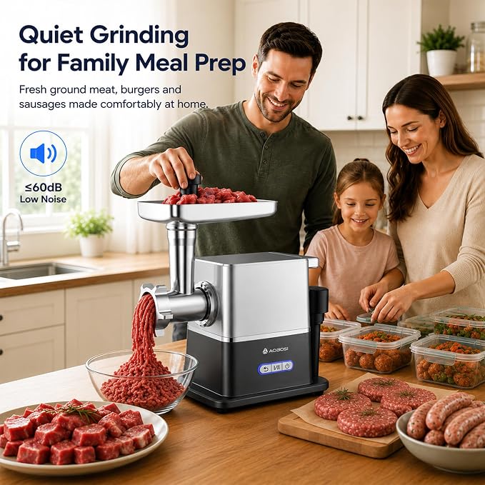 AAOBOSI Meat Grinder Electric 3000W Max with 60dB Quiet DC Motor, Auto-Reverse & Storable Food Pusher - 3 Speed Settings,Grinding, Sausage & Kibbe Making for Home Use