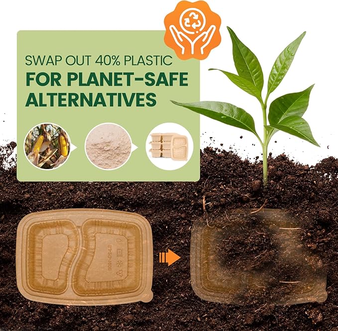 100 Piece (50 Pack) Meal Prep Containers Reusable - 2 Compartment 32 oz Cornstarch Snack Containers with Lids - Plastic Food Storage Salad Containers - To Go Lunch Box - Microwave & Freezer Safe