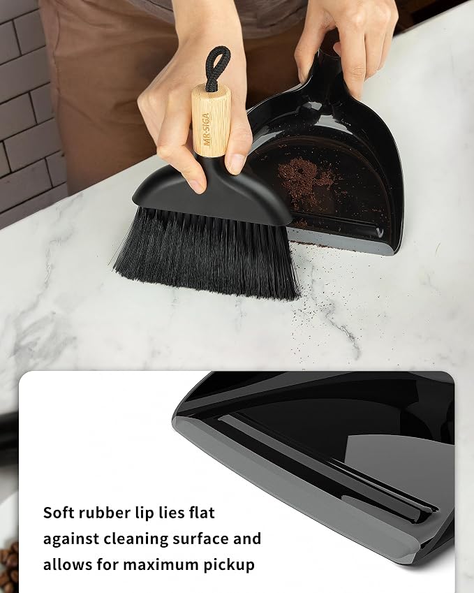 MR.SIGA Mini Dustpan and Brush Set, Bamboo Handle, Black, 1 Set | Portable cleaning brush and dustpan combo, handheld brush and dustpan combo with hanging loop