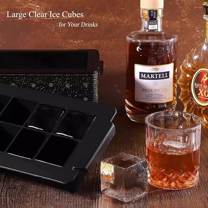 Bangp Crystal Clear Ice Cube Maker with Reusable Ice Storage Bag | Clear Ice Cube Mold with Lid Makes 8 Large 2" Square Pure Ice Cubes for Whiskey,Cocktails & Drinks,Whiskey Gifts for Men