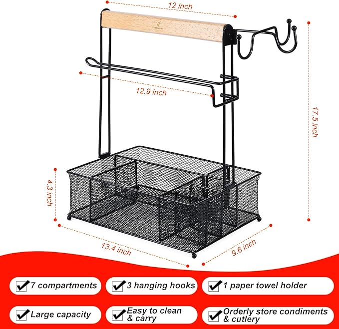 VIKEYHOME Grill Caddy, Picnic BBQ Organizer for Camping | Outdoor Mesh Basket with 3 Hanging Hooks and Paper Towel Holder, Ideal Table Storage Tools for RV Camper/Tailgating/Flatware