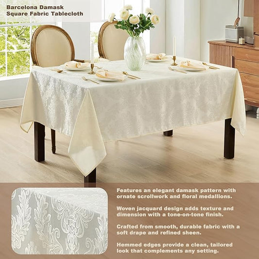 Newbridge Barcelona Luxury Damask Fabric Tablecloth, 70” x 70”, Square, Antique White, 100% Polyester, No Iron, Soil Resistant Dining Room, Party and Banquet Table Cover