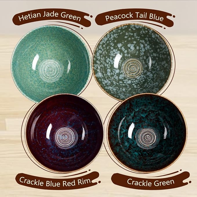 Geiserailie 40oz Ceramic Japanese Ramen Bowls Set of 4, 8 Inch Deep Asian Pho Udon Soup Noodle Bowls with Chopsticks, Spoons & Chopstick Rest -Microwave & Dishwasher Safe(Peacock Green)