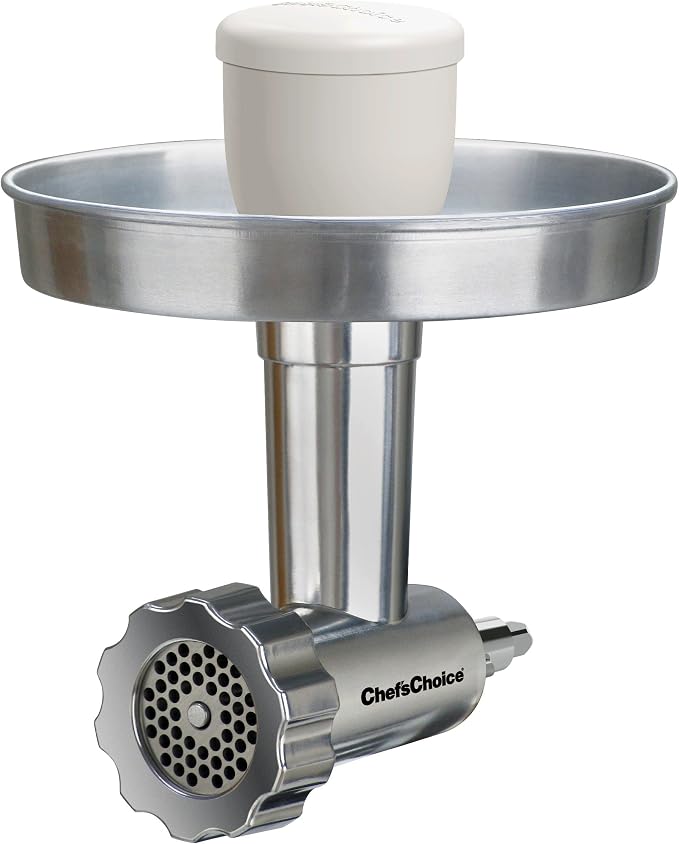 Chef'sChoice Food Grinder Attachment Premium Metal Designed for KitchenAid Stand Mixers Includes Sausage Stuffing Kit, One Size, Silver