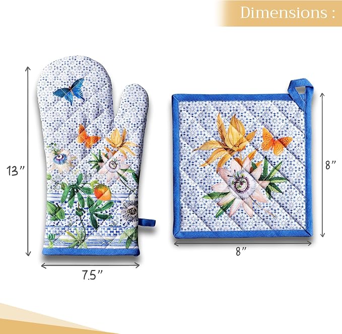 Maison d' Hermine 100% Cotton Oven Mitt & Pot Holder Set (7.5"x13" & 8"x8") | Heat Resistant BBQ Cooking Gloves with Loop Baking Grilling Kitchen Hotel Home Farmhouse Spring Summer - Passiflora
