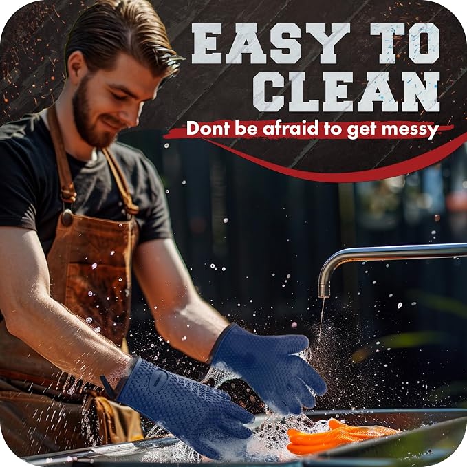 KITCHEN PERFECTION Silicone Smoker BBQ Gloves - Heat Resistant Oven Mitts | Waterproof, 5-Finger Design For A Better Grip, for Pitmasters, Meat Smoking, Grilling, Cooking, Frying Turkey | Grill Gift