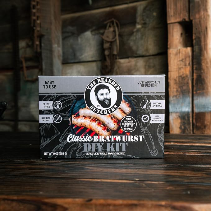 Bearded Butchers Classic Bratwurst Sausage Kit, Hog Casing & Seasoning | Makes 25 lbs of brats - Includes hog casing 32-35mm (65 ft), 9 oz seasoning, gluten free, no MSG or sugar, no cure needed