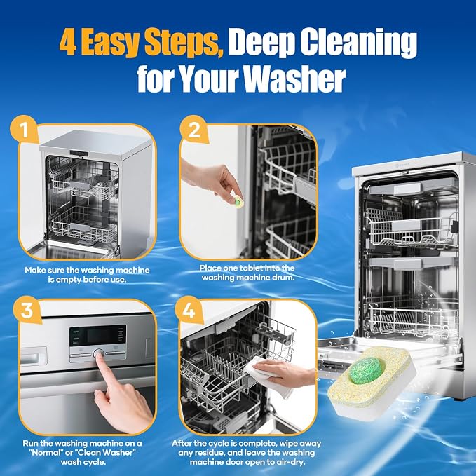 BellaLuce Dishwasher Cleaner Tablets - Lemon Scent, 32 Pack | Deep Cleaning Descaler & Deodorizer Tablets, Helps Remove Limescale, Buildup & Odor, Septic Safe