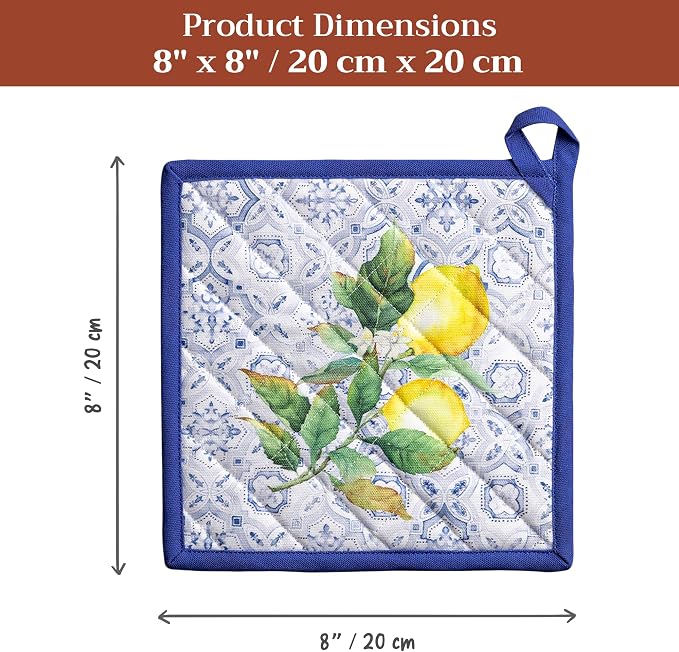 Maison d' Hermine Pot Holders 100% Cotton Potholders (8" x 8", Pack of 2) | Heat Resistant Hot Pads with Loop BBQ Cooking Baking Farmhouse Kitchen Handling Hot Pans Spring Summer - Citrus