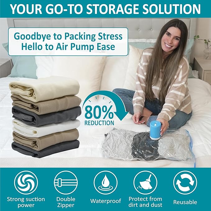 Cozy Essential 26 Pack Vacuum Storage Bags with Portable Electric Pump, Vacuum Seal Space Saver Bags for Clothing, Pillows, Blanket, Bedding, Comforters