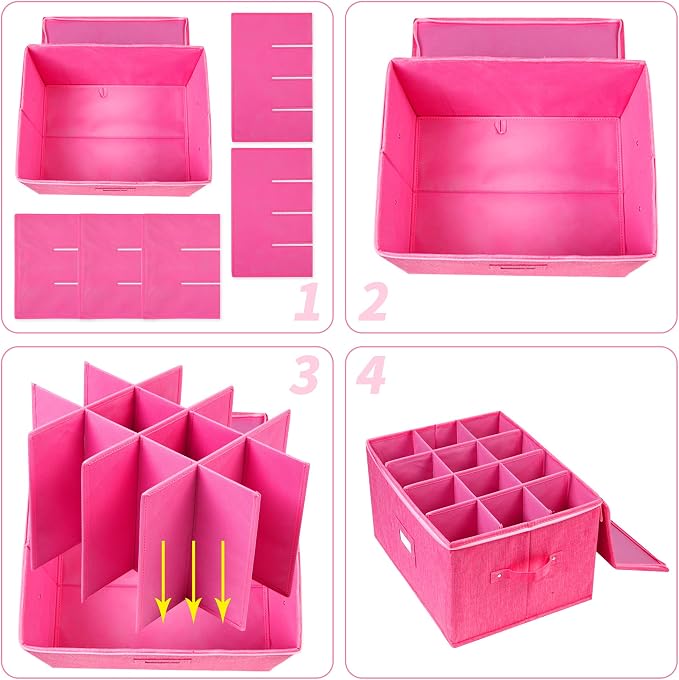 Wine Glass Storage Box, Stemware Storage Containers Cases with Dividers | Stackable Moving Supplies for 12 Wine Glasses, Drinkware , Glassware or Crystal, Hard Top and Stackable (Pink)