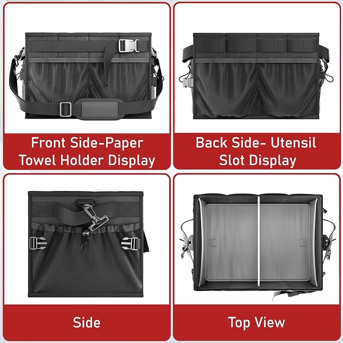 Grill Caddy, Foldable BBQ Caddy with Paper Towel Holder, Black | 11 Compartments, Easy-Clean Aluminum Interior, 1680D Oxford Fabric, Water-Resistant, Shoulder Strap Included, Tailgating