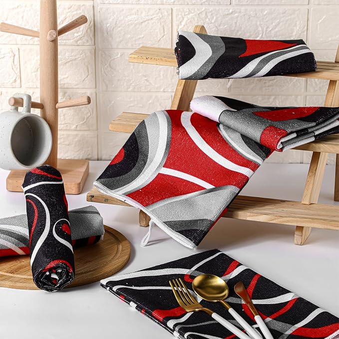 Boyiee 6 Pcs Modern Geometric Kitchen Towels | Red Black Grey White Dish Hand Towels 24 x 16 Inches Gifts Decorative Tea Cloth Gifts for Farmhouse Kitchen Bathroom Decor