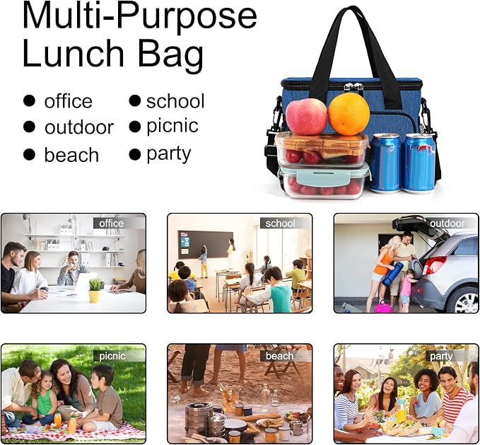 Lunch Bags for Women/Men, Insulated Lunch Bag for Work Office Picnic - Lunch Cooler Bag Leakproof Lunch Box with Adjustable Shoulder Strap - Blue