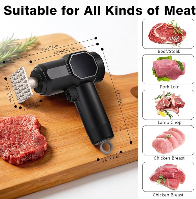 Electric Meat Tenderizer Tool with 5 Adjustable Levels | Stainless Steel Detachable Head, Head Dishwasher Safe, 3000mAh Battery for Beef Steak Pork Chicken Chops Kitchen Utensils