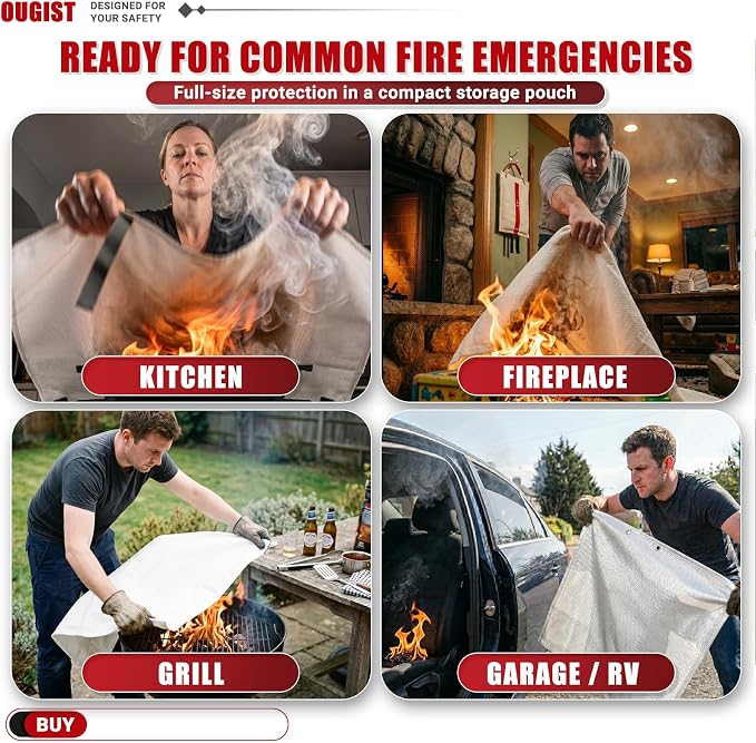 Ougist Fire Blanket, 2 Pack, 40"x40" | Fiberglass, For Home and Kitchen, Flame Suppression, For Grill, RV & Camping