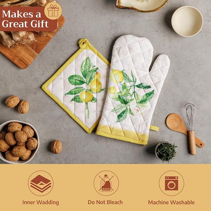 Maison d' Hermine Pot Holders 100% Cotton Potholders (8" x 8", Pack of 2) | Heat Resistant Hot Pads with Loop BBQ Cooking Baking Farmhouse Kitchen Handling Hot Pans Spring Summer - Limoncello