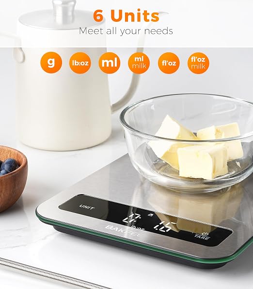 Waterproof Kitchen Food Scale, 1g/22lb, IP67, Rechargeable, Black | Premium Stainless Steel & Tempered Glass, Clear LED Display, with 6 Units, Tare, Ideal for Cooking, Making Sourdough Bread