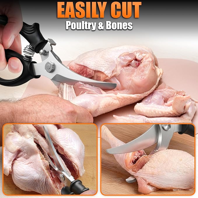 Poultry Shears Heavy Duty, Stainless Steel, 9.4 In, Safety Lock | Spring Loaded Bone Cutting Scissors with Serrated Edge that Grips Joints; Turkey, Poultry & Chicken Shears for Spatchcock