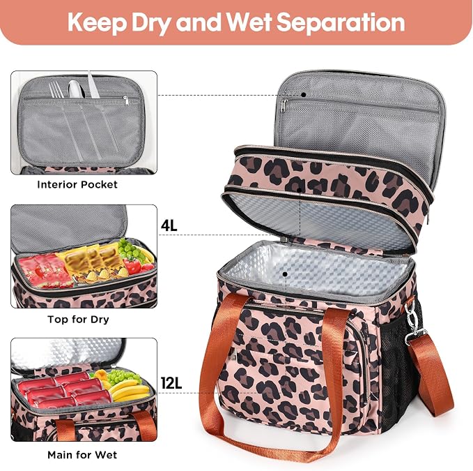 Expandable Lunch Box Cooler Bag - Insulated Soft Lunch Bag for Men Women - Large Lunchbox for Adults Work Camping Outdoor Travel Leopard 16L