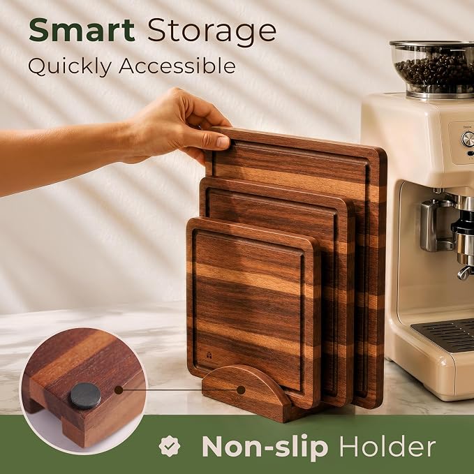 Acacia Wood Cutting Board Set of 3 with Holder, Juice Grooves & Handles | Durable and knife-friendly for chopping, food prep and charcuterie serving; three sizes with a matching storage stand