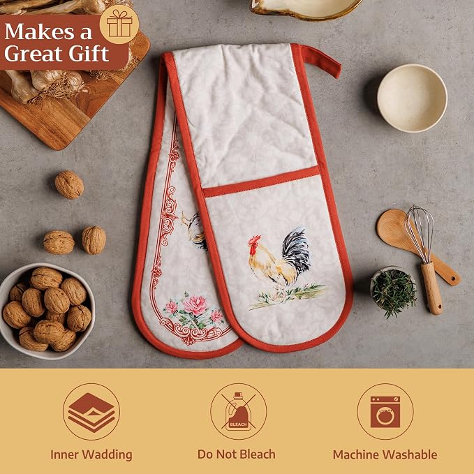 Maison d' Hermine Double Oven Mitts 100% Cotton Double Oven Glove (7"x35") | Heat Resistant BBQ Cooking Gloves with Loop Baking Grilling Kitchen Hotel Home Farmhouse Spring Summer - Campagne