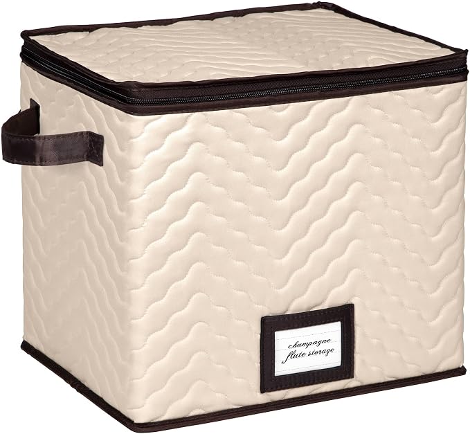 Wine Glass Storage Box with Dividers, Holds 12 Champagne Flute 3" Wide | Stemware Storage Case, Protects Fine China, Durable Quilted Microfiber, Carry Handles, Ideal for Champagne Flute