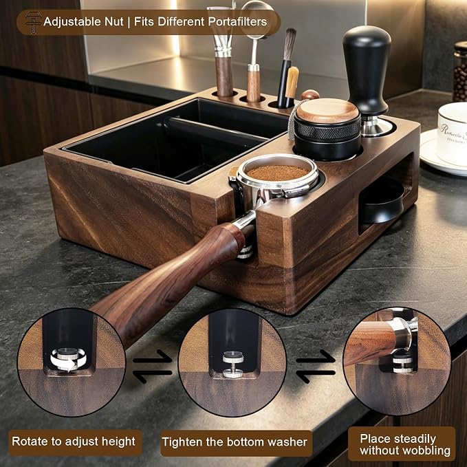 Espresso tamping station knock box,tamper station,Espresso station fit for storage 51-58mm tamper,distributor,portafilter,puck screen accessories,9 in 1 espresso knock box and tamper station